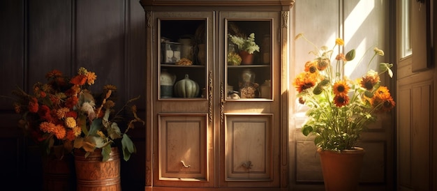 illustration of an antique brown cupboard with carved ornaments of flowers and leaves