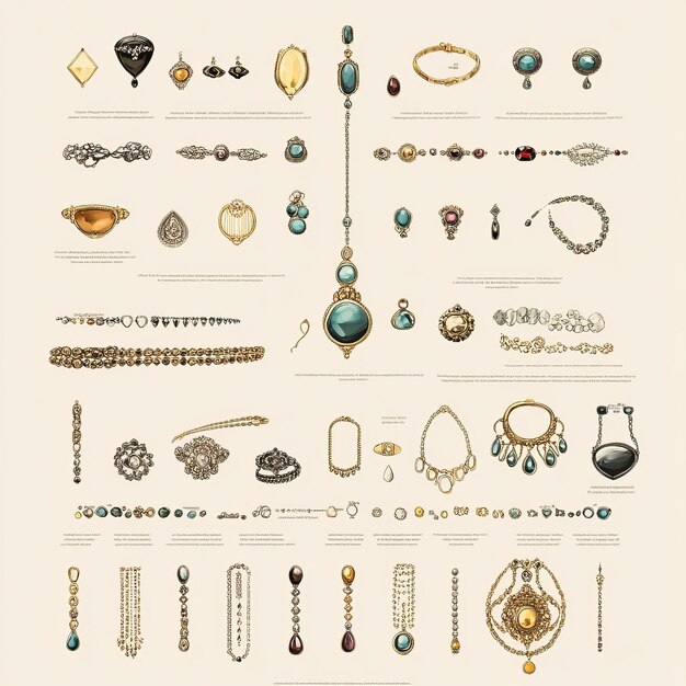 Illustration of antique jewelry with detailed descriptions