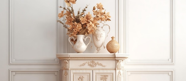 illustration of an antique white cupboard with flower and leaf ornaments on a white background