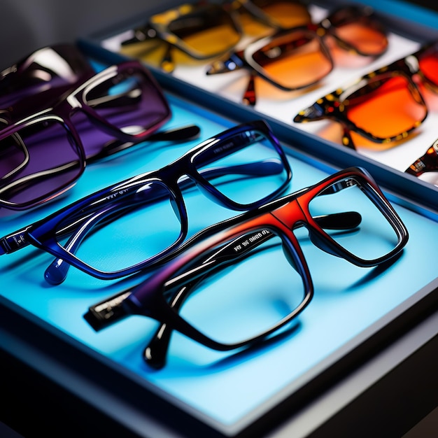 illustration of An array of designer eyeglasses elegantly displayed