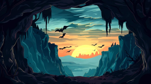 Photo illustration art of halloween cave of bat horror style cartoon