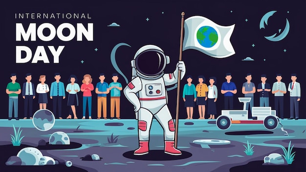 Photo an illustration of an astronaut holding a flag and a group of people in the background