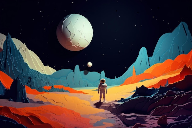 An illustration of a astronaut looking at a planet with a moon in the background.