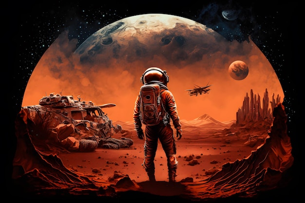 An illustration of an astronaut looking at a planet with a planet in the background.