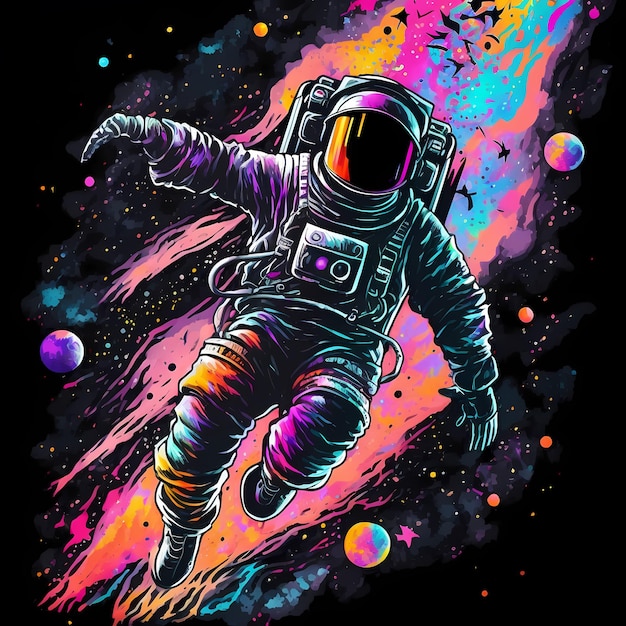 An illustration of an astronaut in space with a rainbow background.