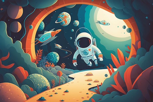 An illustration of an astronaut in space with a rainbow and planets in the background.