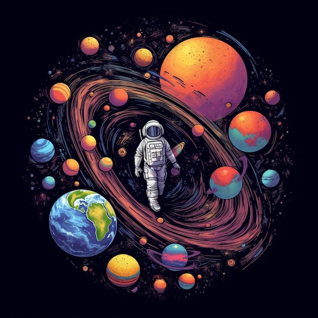 An illustration of an astronaut walking in space with the universe in the background.