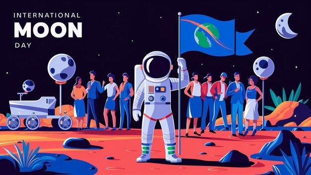 Photo an illustration of an astronaut with a flag and people in the background