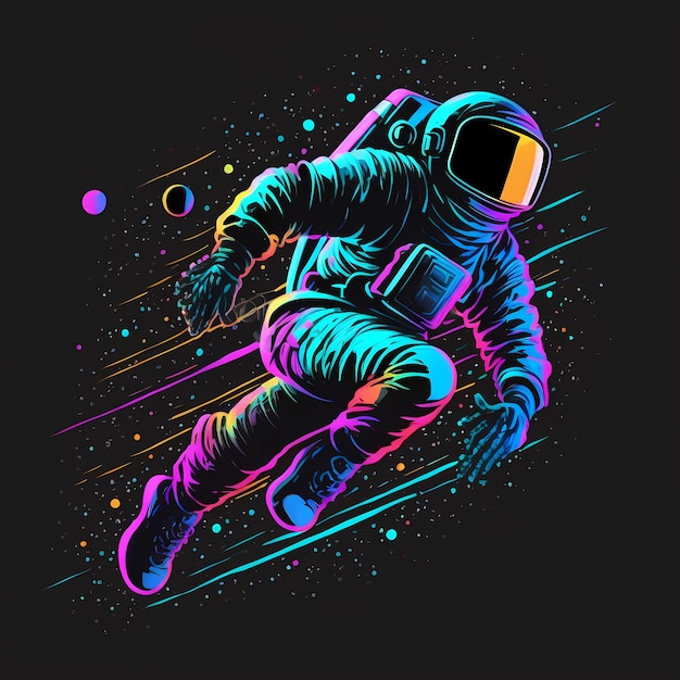 An illustration of an astronaut with a neon helmet and a planet in the background.