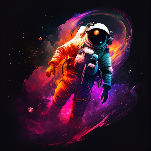 An illustration of an astronaut with a purple background and a nebula in the background.