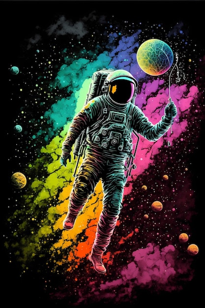 An illustration of an astronaut with a rainbow ball in his hand.