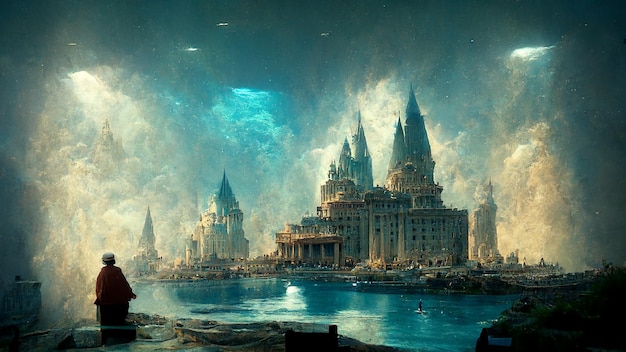 Illustration of Atlantis, ancient civilization, history and mythology, legend city