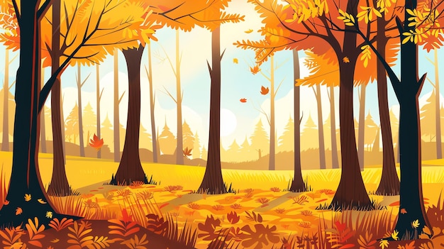 An illustration of an autumn forest with golden leaves falling from the trees