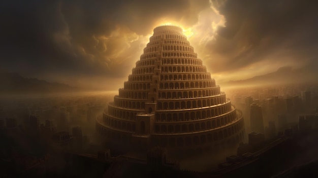 Photo an illustration of the babylons tower of babel story from the bible with multilingual speech