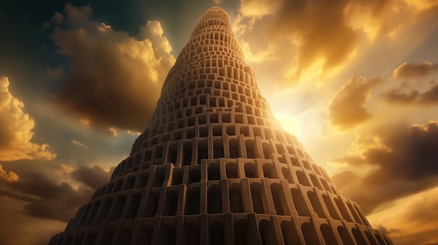 Photo an illustration of the babylons tower of babel story from the bible with multilingual speech