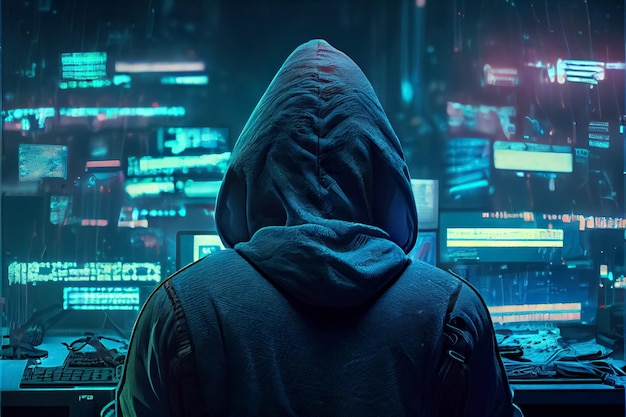 Illustration of back rear view silhouette of hooded man hacker in server room AI