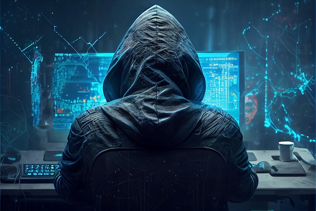 Illustration of back rear view silhouette of hooded man hacker in server room AI