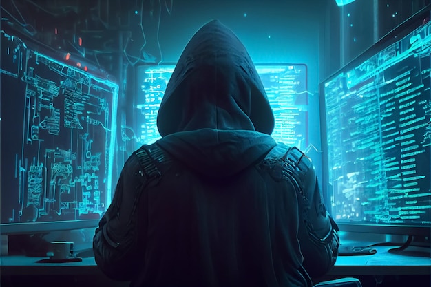 Illustration of back rear view silhouette of hooded man hacker in server room AI