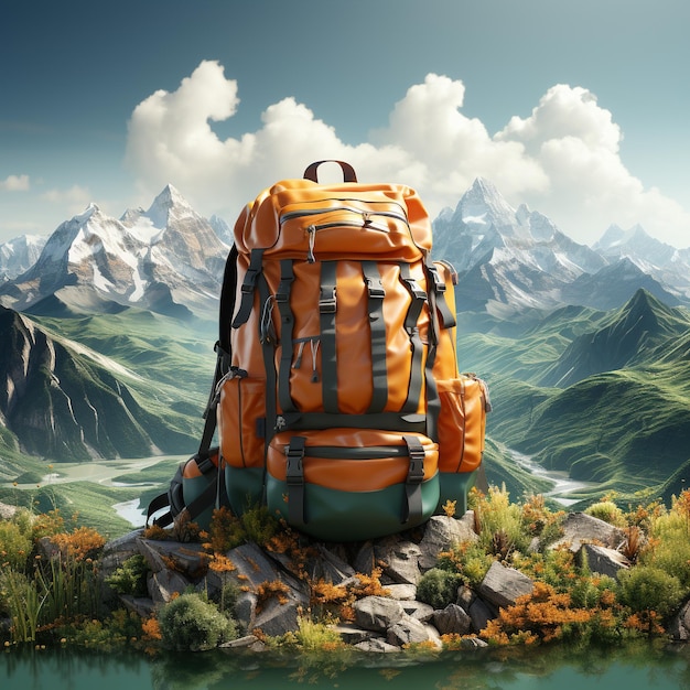 illustration of a backpack is shown with some small mountains