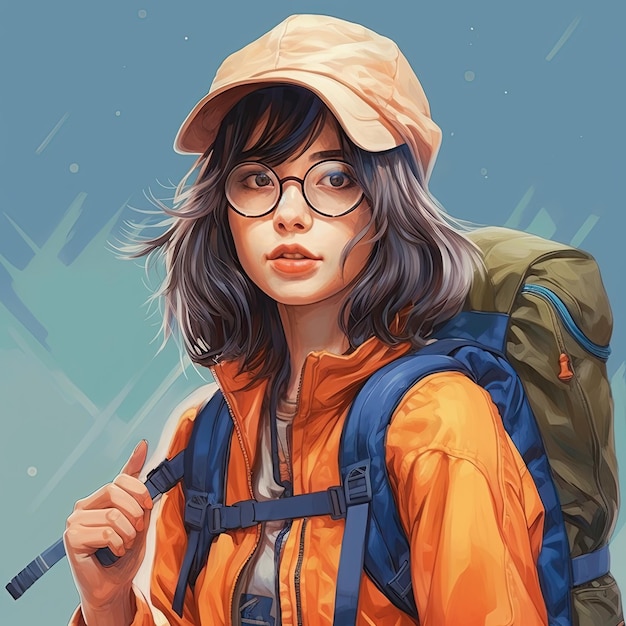 Illustration of a backpackeing girl and abstract art AI Generated