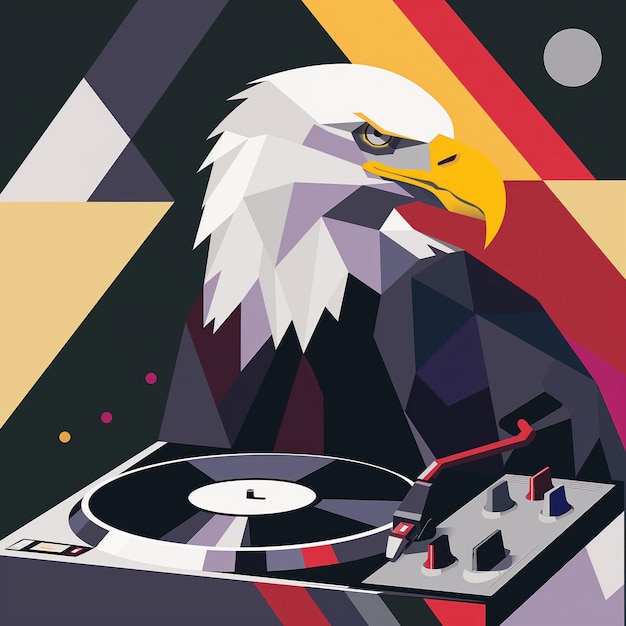 Illustration of bald eagle DJing at Fourth of July party Eagle mixes music on vinyl at patriotic