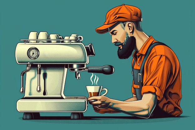 Illustration of a Barista Making Coffee with a Green Espresso Machine in a Modern Cafe