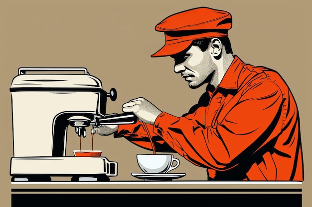 Illustration of a Barista Making Espresso with Professional Equipment in a Modern Cafe