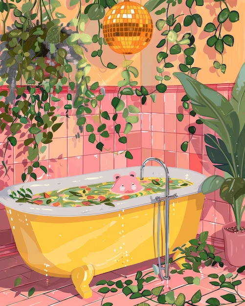 Photo illustration of a bathtub in a bathroom decorated with plants