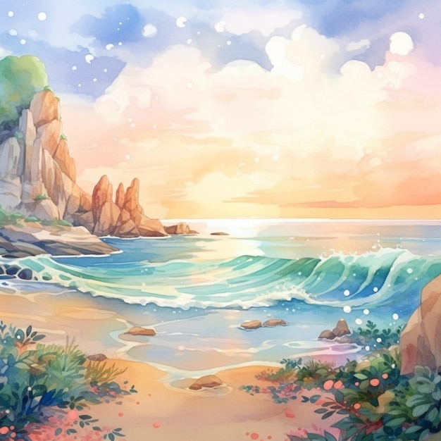 Illustration of a beach with a wave and the sky