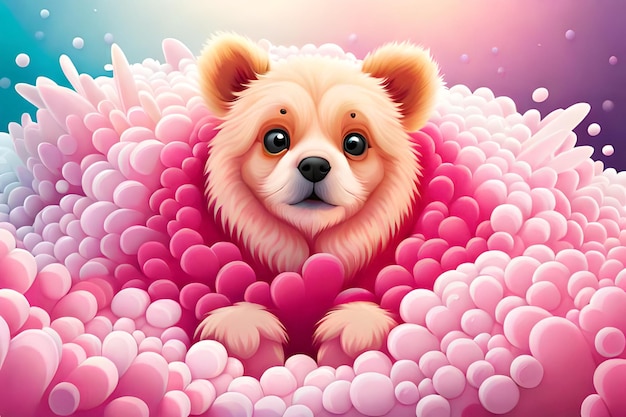 illustration of a bear in the middle of pink soap bubbles AI generated