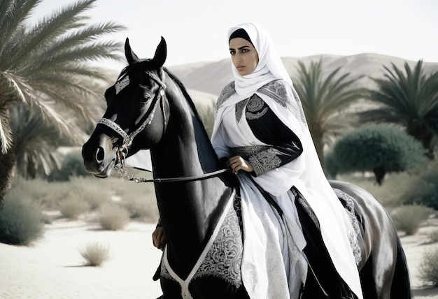 Photo illustration beautiful arab woman and horse luxury muslim woman digital art