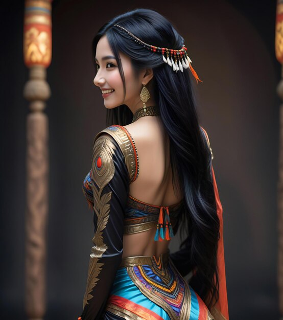 Illustration of a beautiful asian woman in traditional costume