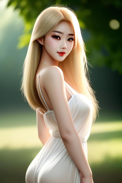 Illustration of beautiful asian woman in white dress posing outdoor