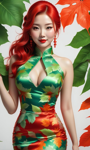 Illustration of a beautiful asian woman with red hair and green dress