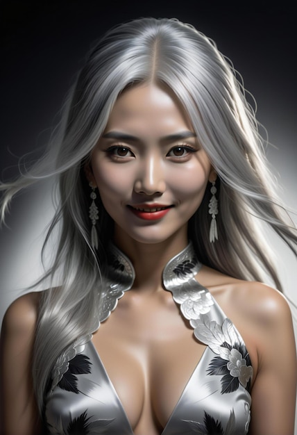 Illustration of a beautiful asian woman with white hair and silver dress