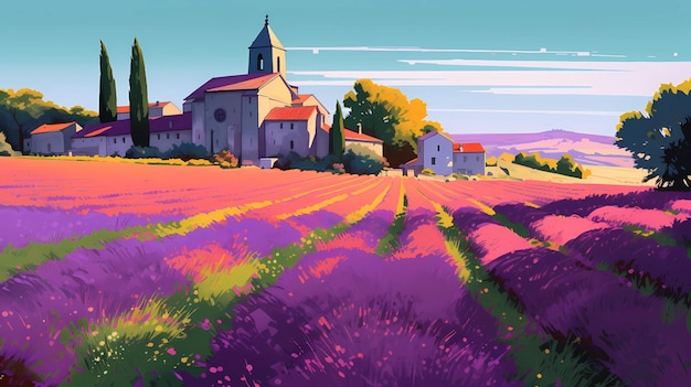 Illustration of beautiful blooming lavender fields in Provence France