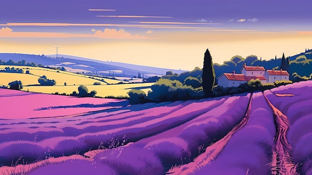 Illustration of beautiful blooming lavender fields in Provence France