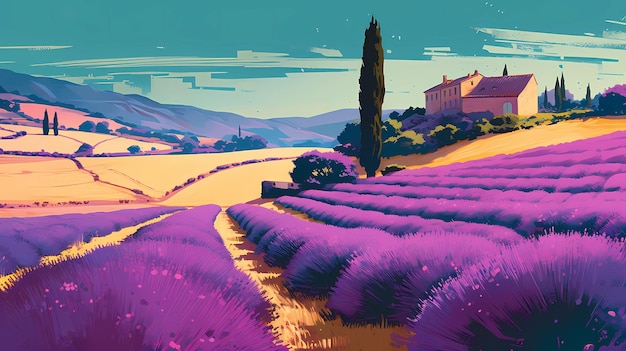 Illustration of beautiful blooming lavender fields in Provence France