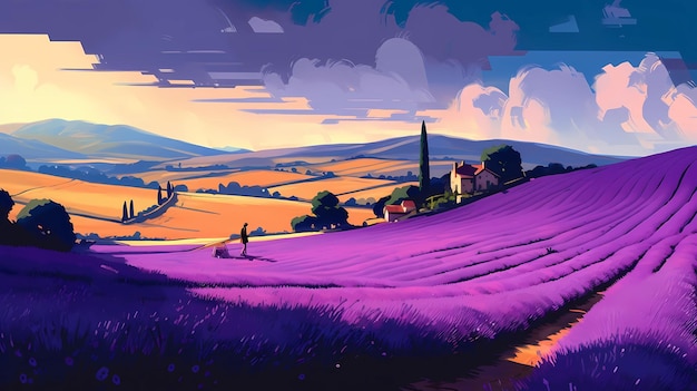 Illustration of beautiful blooming lavender fields in Provence France