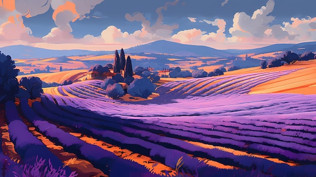 Illustration of beautiful blooming lavender fields in Provence France