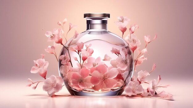 Illustration of a beautiful bottle of perfume surrounded by vibrant flowers on a stylish table