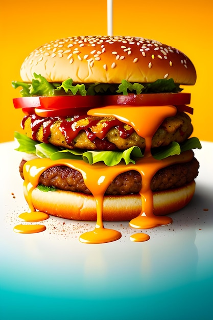 illustration beautiful burger with melting cheese and dripping ketchup highly generative ai