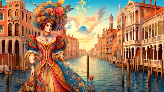 Illustration of the beautiful city of Venice City of gondoliers bridges carnivals and love Italy