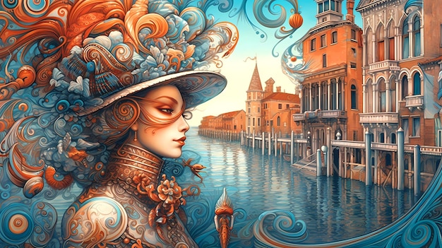 Illustration of the beautiful city of Venice City of gondoliers bridges carnivals and love Italy