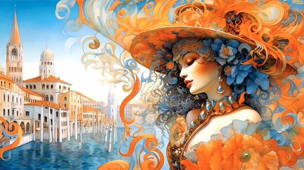 Illustration of the beautiful city of Venice City of gondoliers bridges carnivals and love Italy