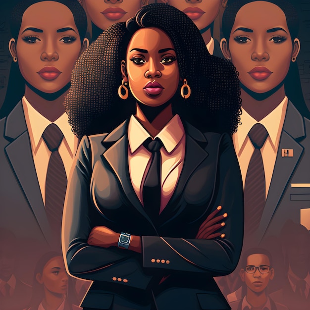 Illustration of beautiful female african american business woman CEO in a suit at the workplace