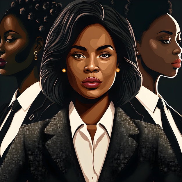 Illustration of beautiful female african american business woman CEO in a suit at the workplace