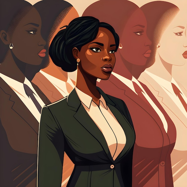 Illustration of beautiful female african american business woman CEO in a suit at the workplace