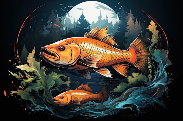 Illustration of beautiful fish on the background of nature and sunset Generative AI