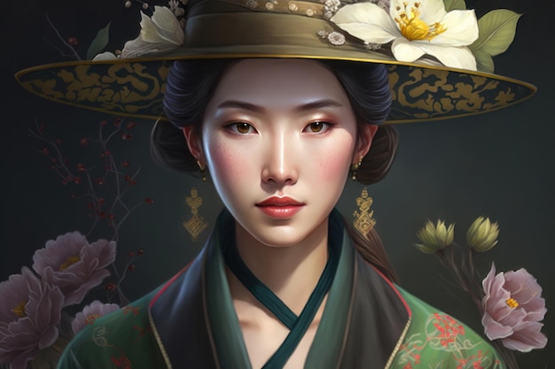 Illustration of a beautiful girl wearing a hat Korean traditional hat decorating with flowers AI generation